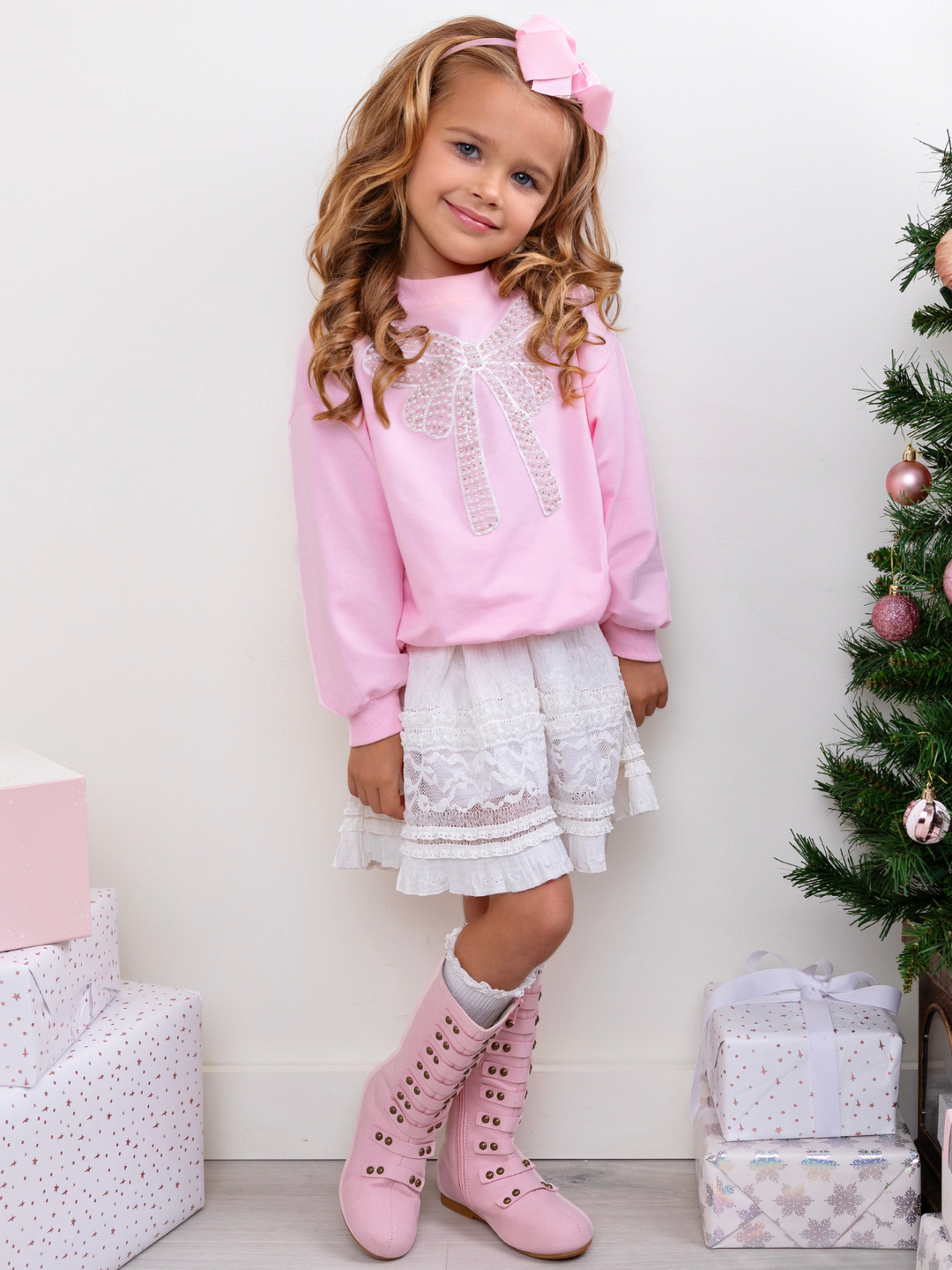 Pretty in Pink Pearl Bow Top and Lace Skirt Set