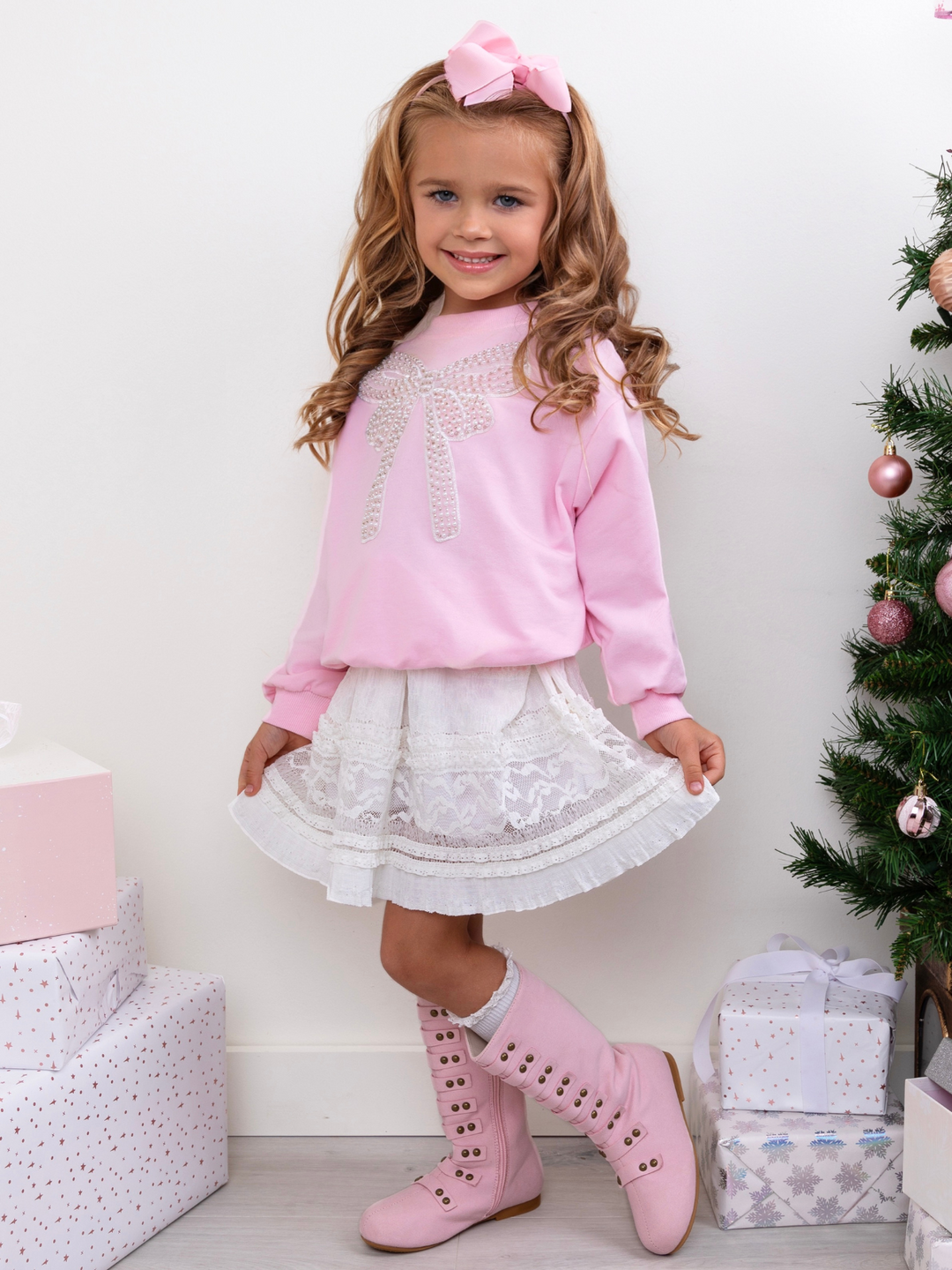 Pretty in Pink Pearl Bow Top and Lace Skirt Set