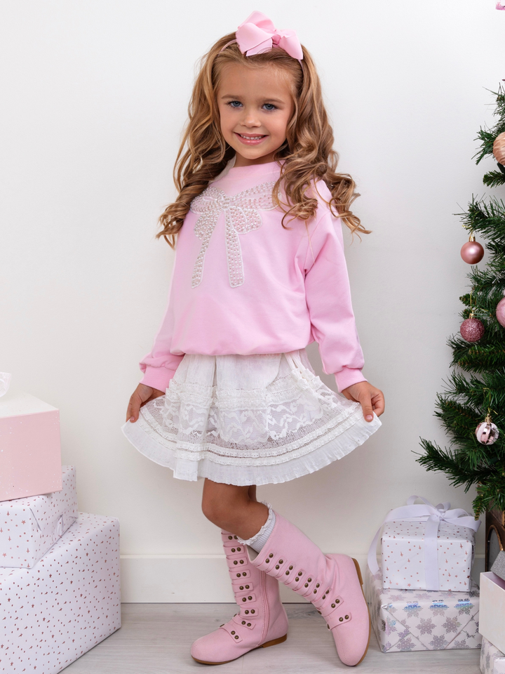 Pretty in Pink Pearl Bow Top and Lace Skirt Set