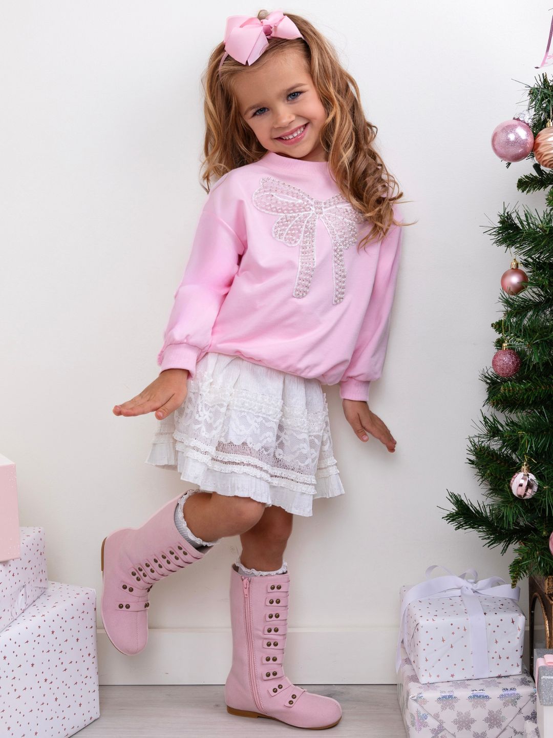 Pretty in Pink Pearl Bow Top and Lace Skirt Set