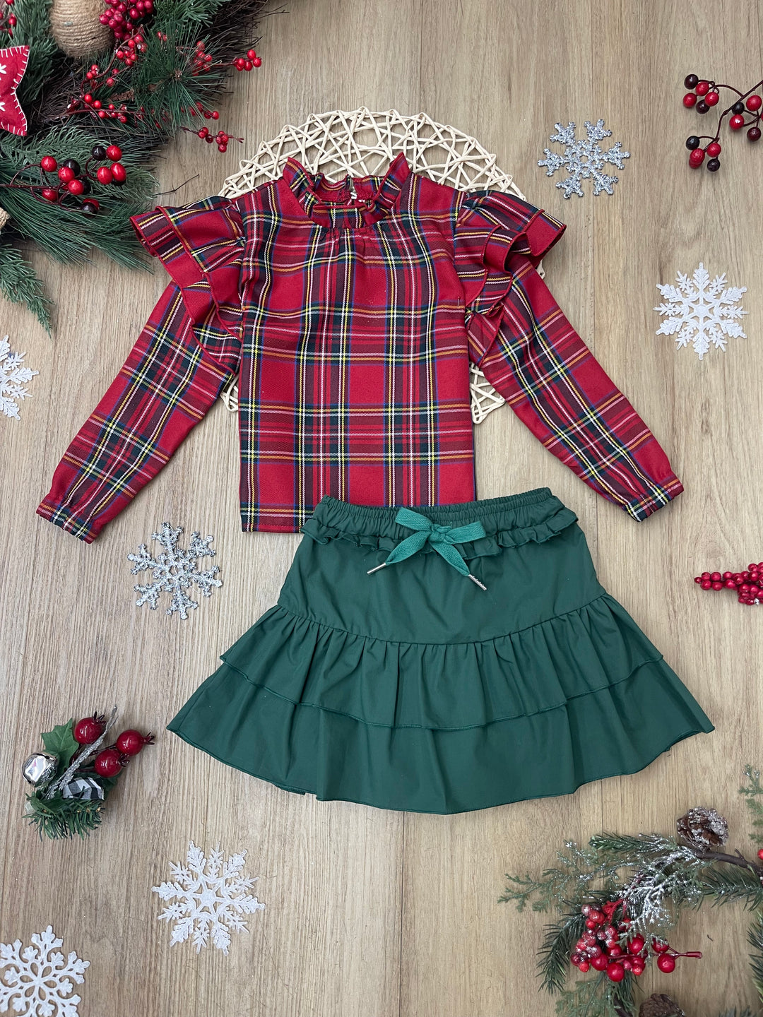 Holly Jolly Plaid Top and Ruffle Skirt Set