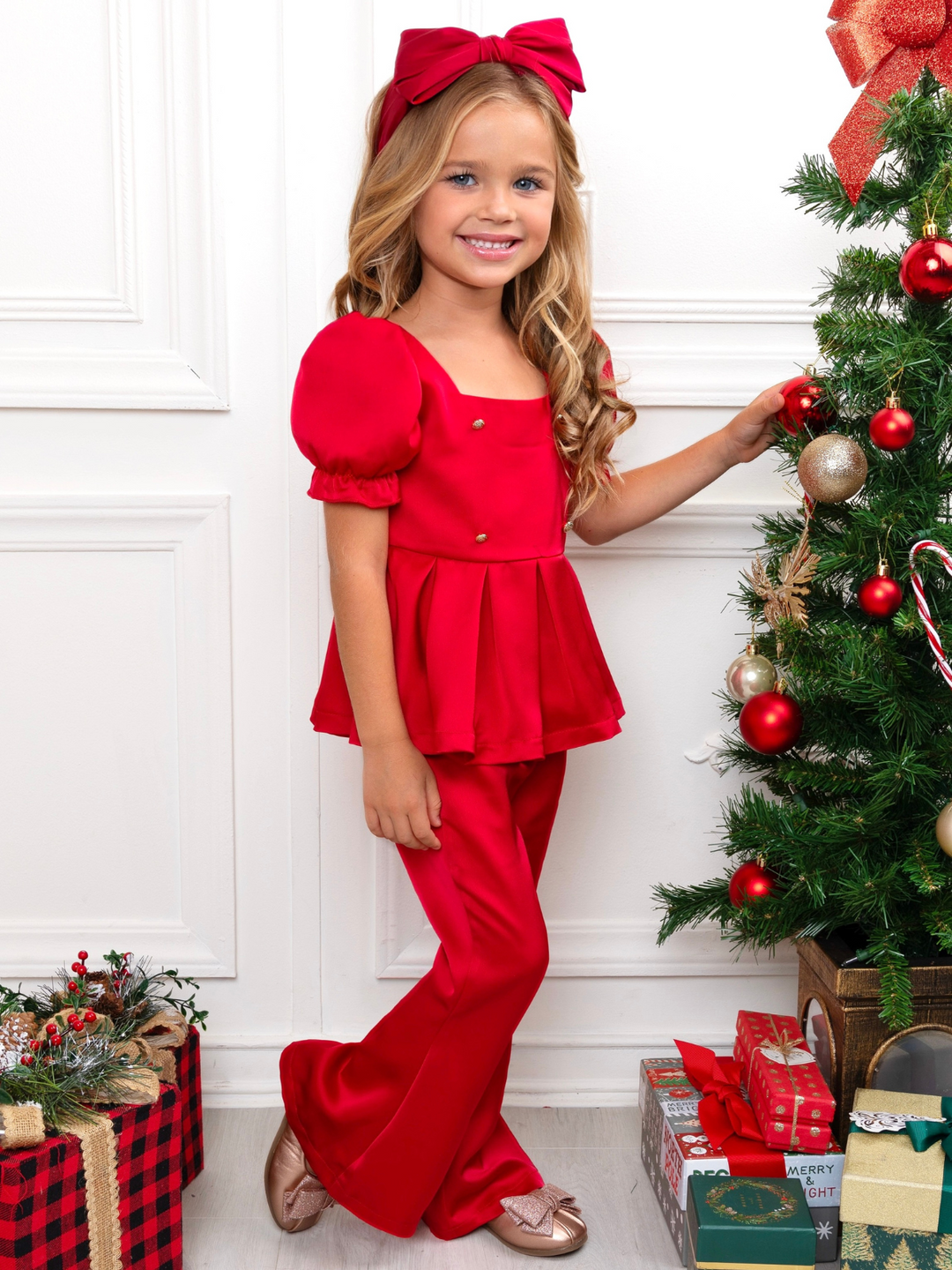 Holiday Chic Puff Sleeve Top and Ruffle Pant Set