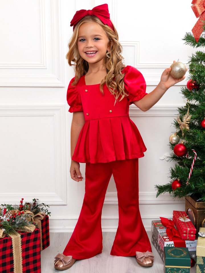 Holiday Chic Puff Sleeve Top and Ruffle Pant Set