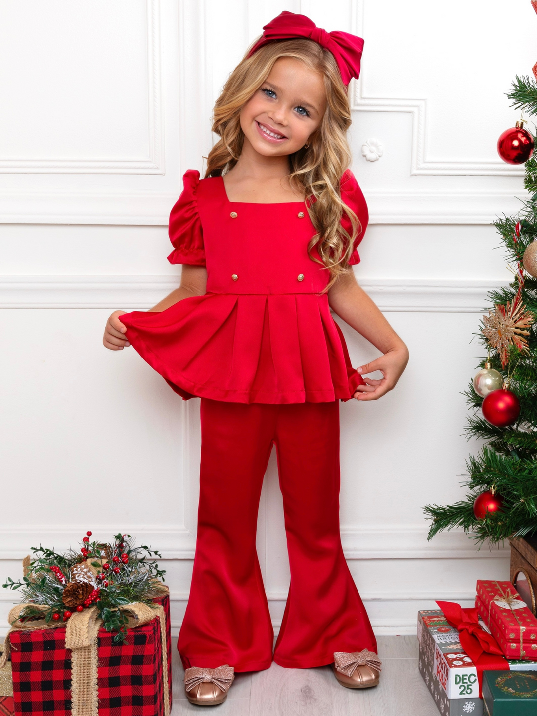 Holiday Chic Puff Sleeve Top and Ruffle Pant Set