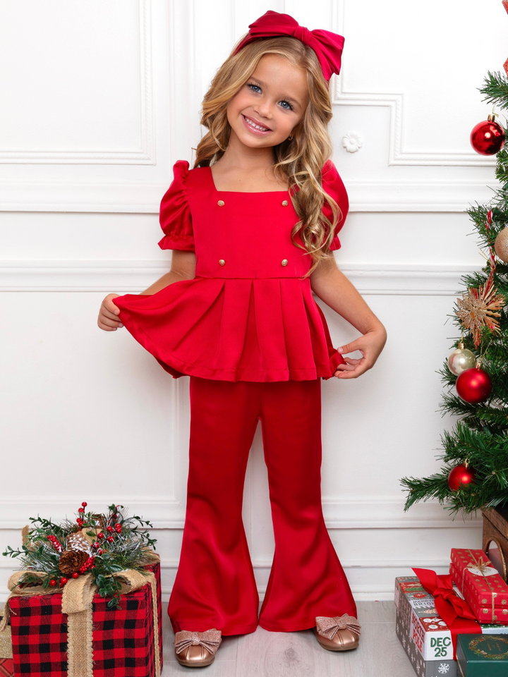 Holiday Chic Puff Sleeve Top and Ruffle Pant Set