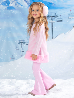 Snowflake Prep Fur Trim Pink Houndstooth Top and Flare Pant Set