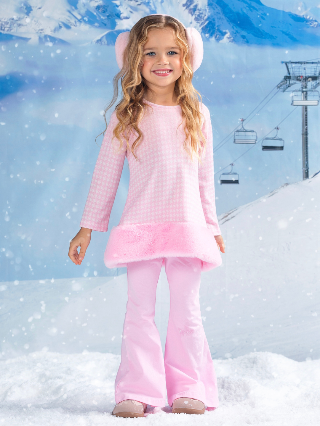 Snowflake Prep Fur Trim Pink Houndstooth Top and Flare Pant Set