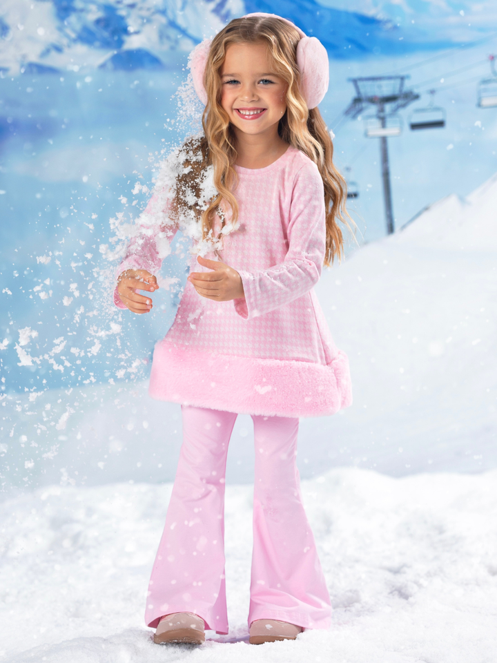 Snowflake Prep Fur Trim Pink Houndstooth Top and Flare Pant Set