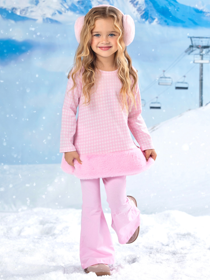 Snowflake Prep Fur Trim Pink Houndstooth Top and Flare Pant Set