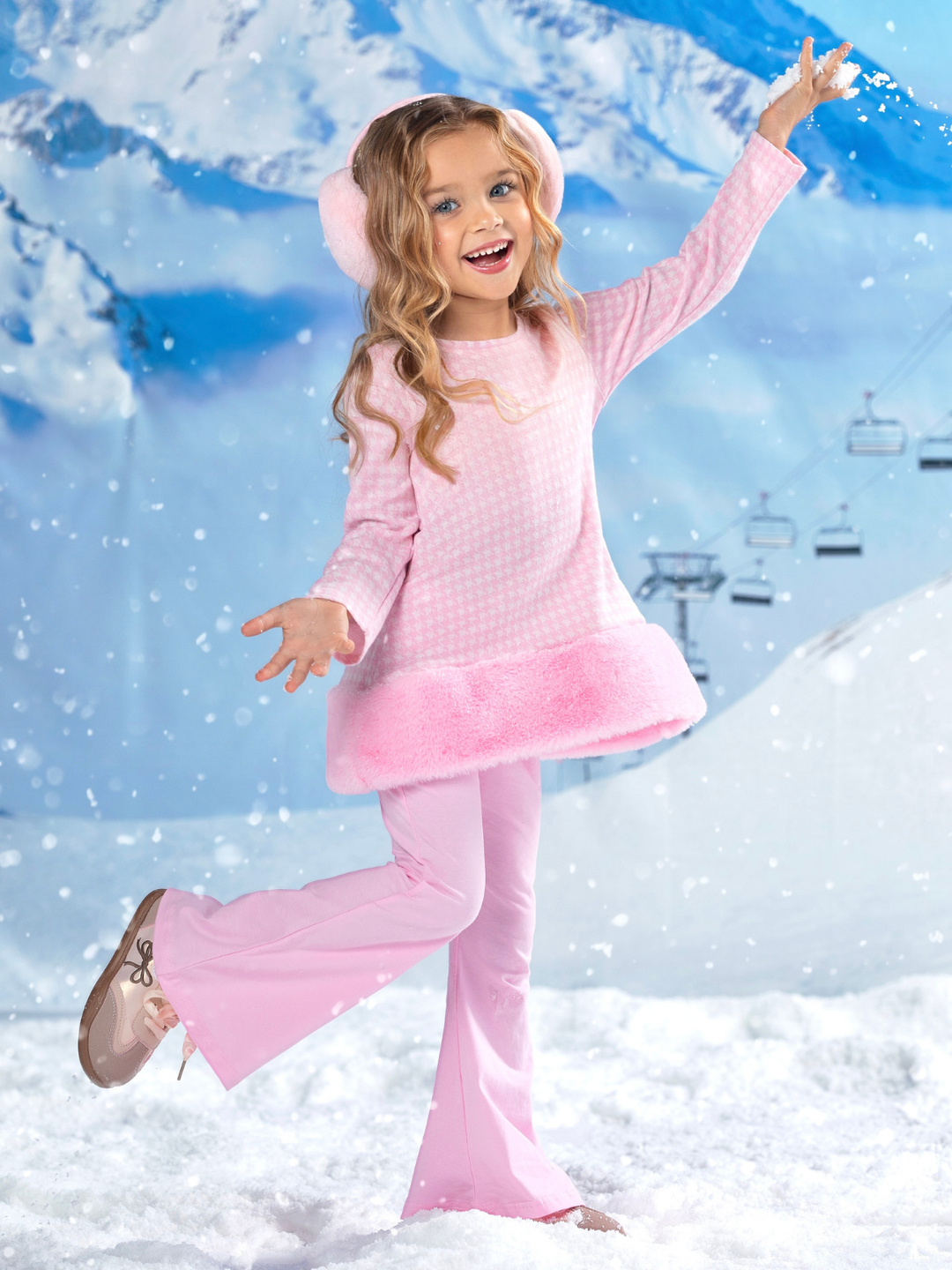 Snowflake Prep Fur Trim Pink Houndstooth Top and Flare Pant Set