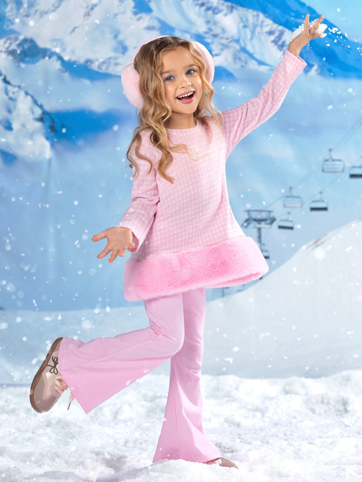 Snowflake Prep Fur Trim Pink Houndstooth Top and Flare Pant Set