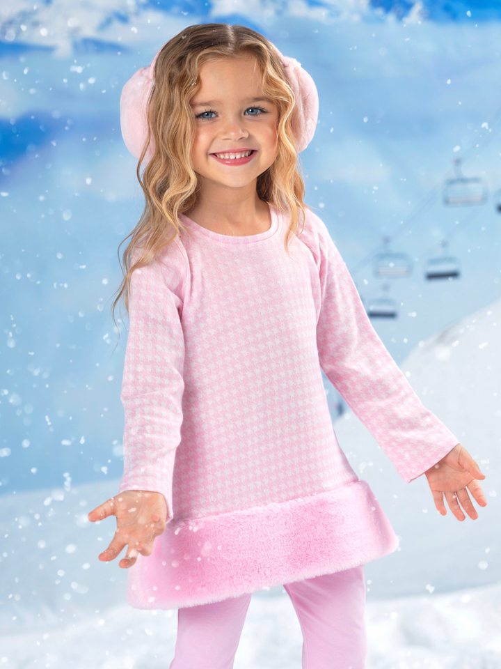 Snowflake Prep Fur Trim Pink Houndstooth Top and Flare Pant Set