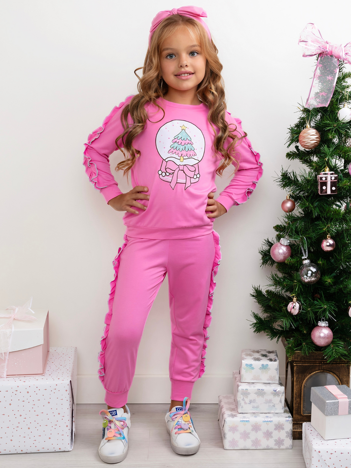 Pinkmas Cheer Snowglobe Ruffle Top and Jogger Set