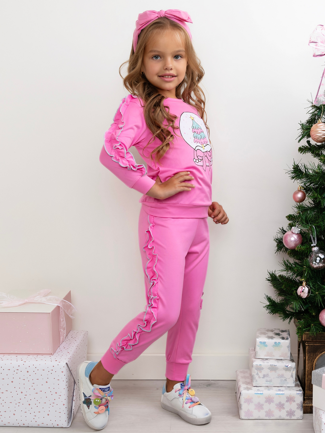 Pinkmas Cheer Snowglobe Ruffle Top and Jogger Set