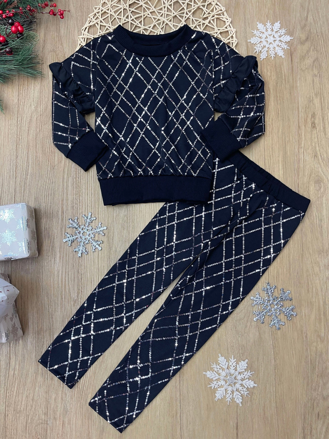 Holiday Glam Sequin Ruffle Top and Legging Set