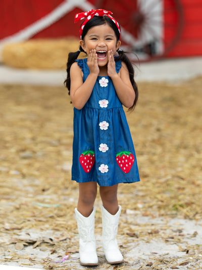Cute Spring Toddler Outfits | Girls Strawberry Applique Denim Dress