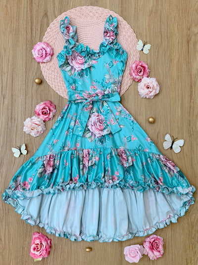 Mia Belle Girls Mint Rose Print Hi-Lo Ruffle Dress | Easter Dresses