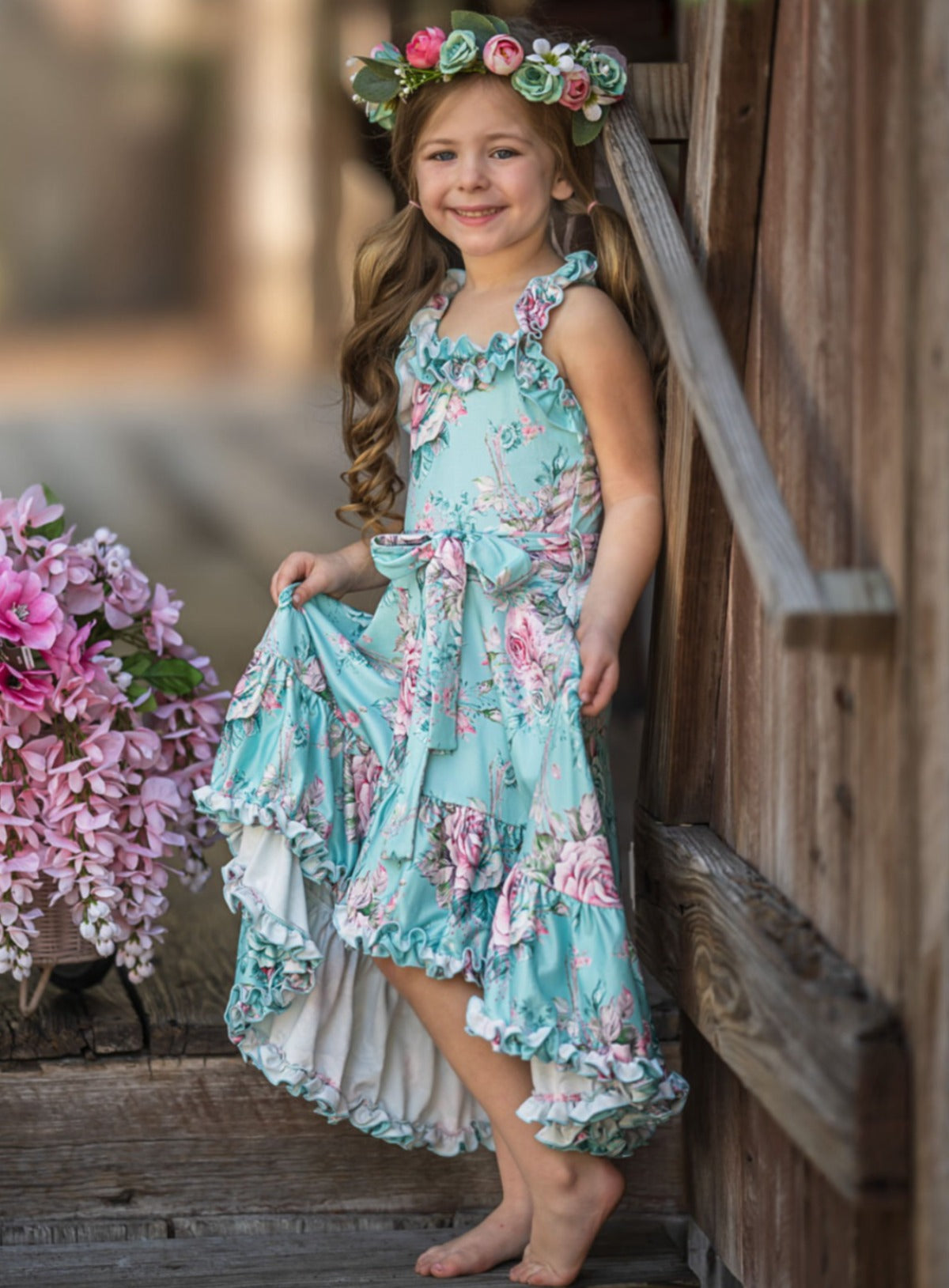 Mia Belle Girls Mint Rose Print Hi-Lo Ruffle Dress | Easter Dresses