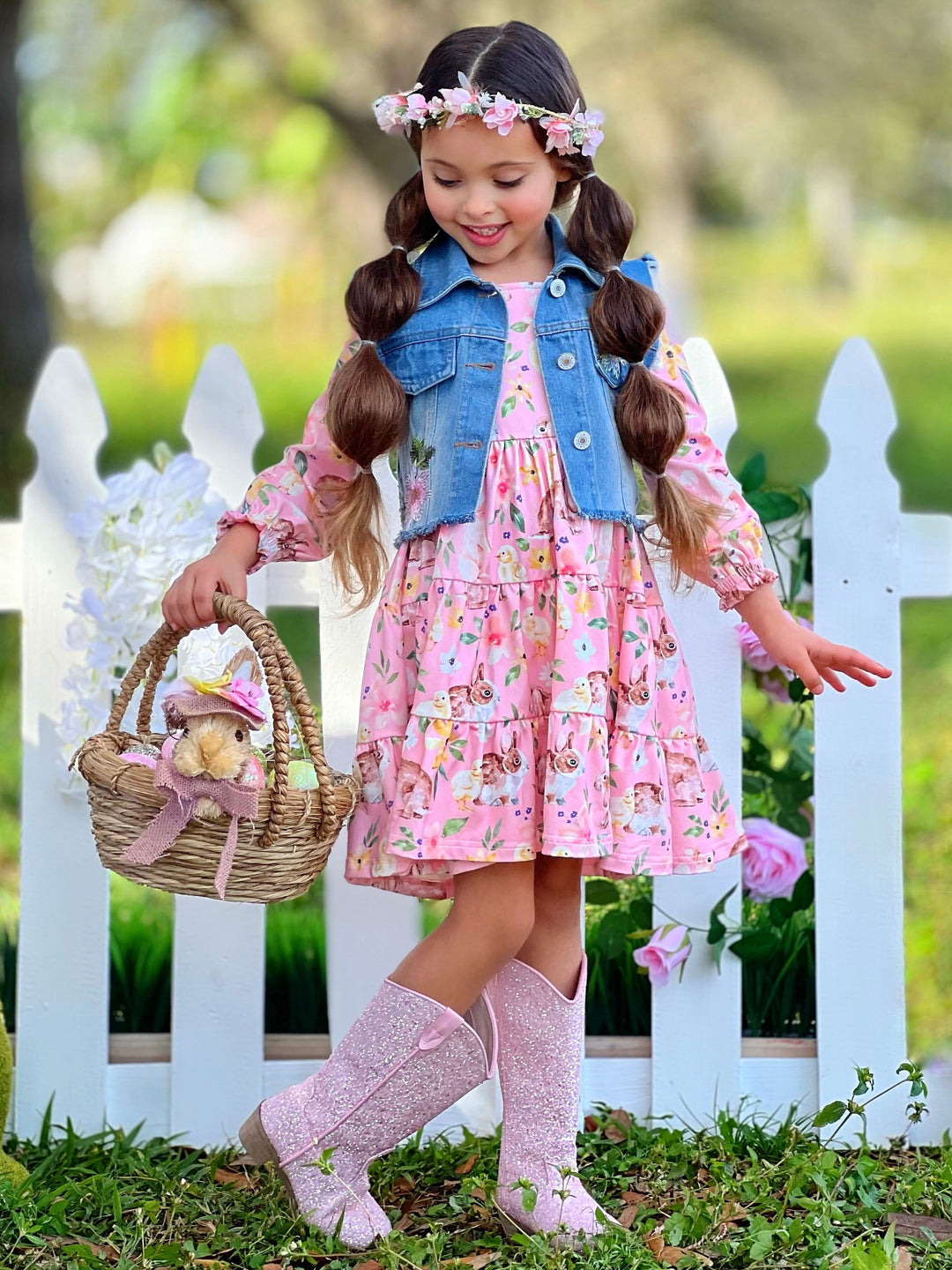My Sweet Spring Denim Vest And Floral Bunny Dress Set Mia Belle Girls My Sweet Spring Denim Vest And Floral Bunny Dress Set Mia Belle Girls