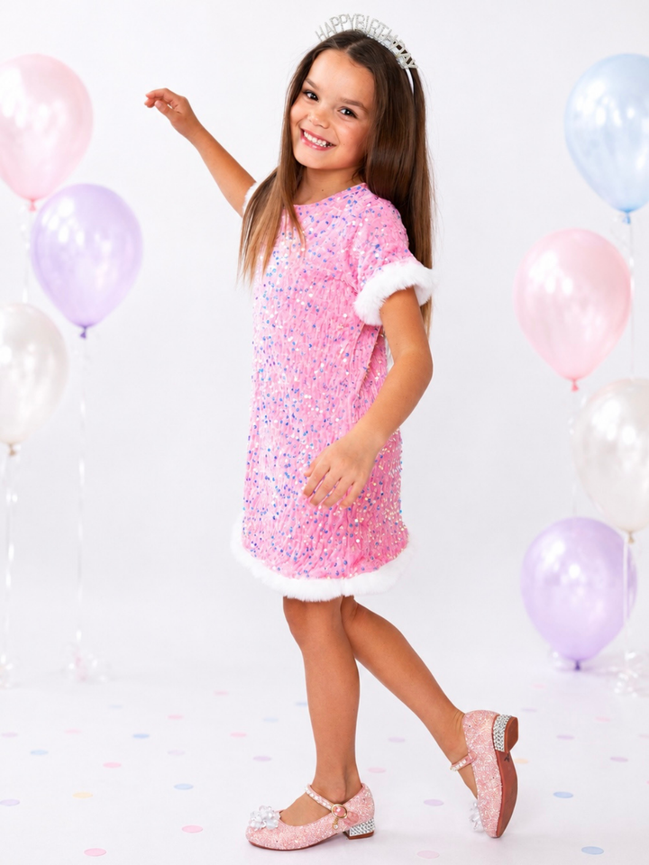 Sparkle & Shine Pink Sequined Fur Dress Mia Belle Girls