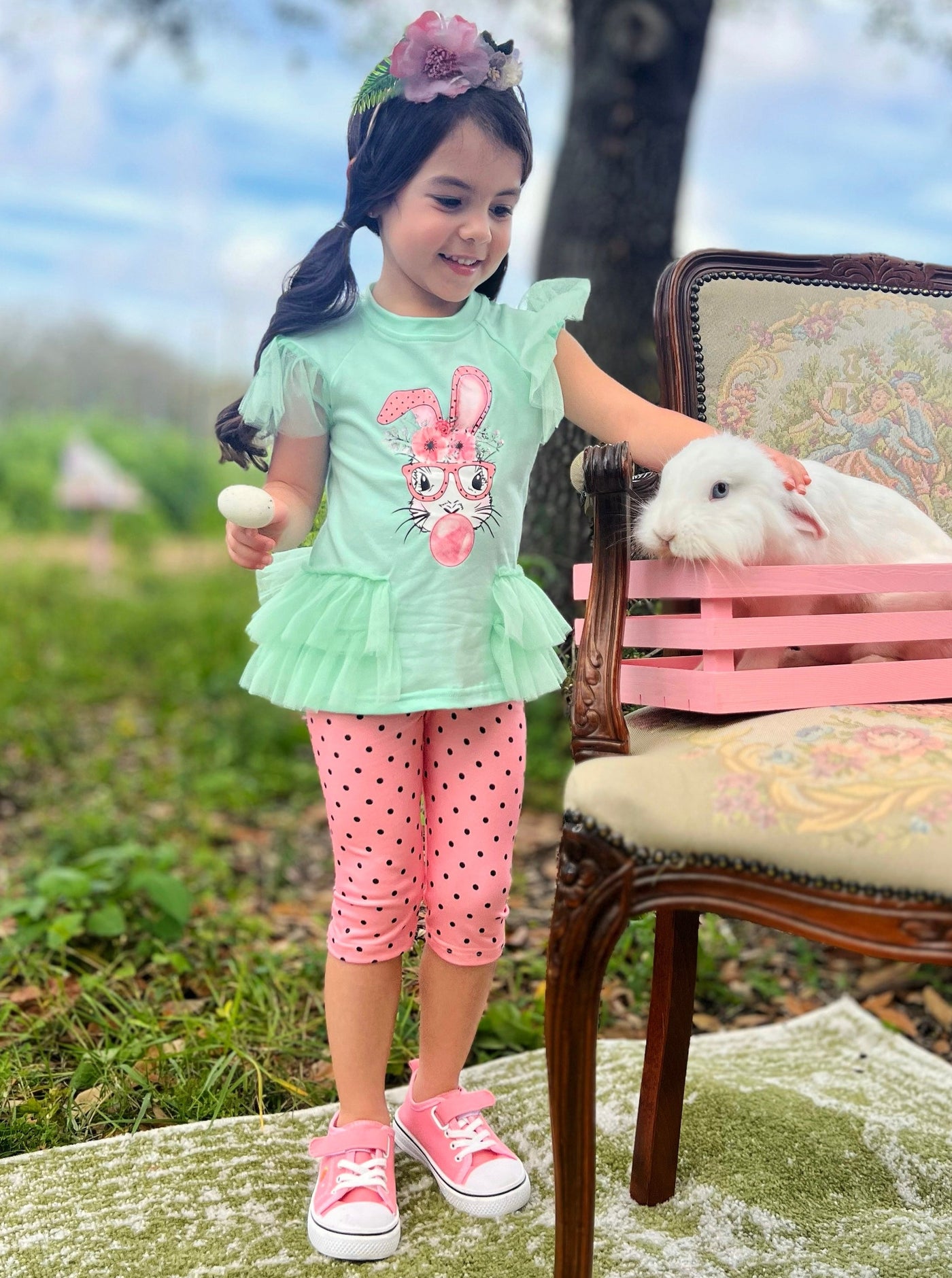 Girls Easter Set | Bunny Tulle Ruffle Top & Polka Dot Legging Set