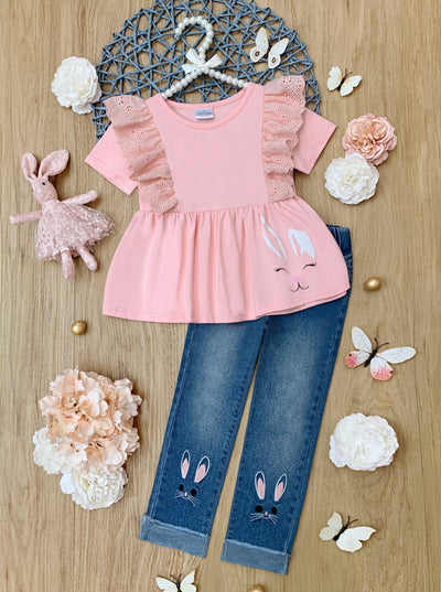Mia Belle Girls Bunny Embroidered Denim Set | Easter Casual Sets