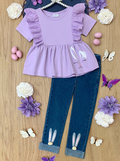 Mia Belle Girls Ruffled Top And Denim Jeans Set | Girls Easter Sets