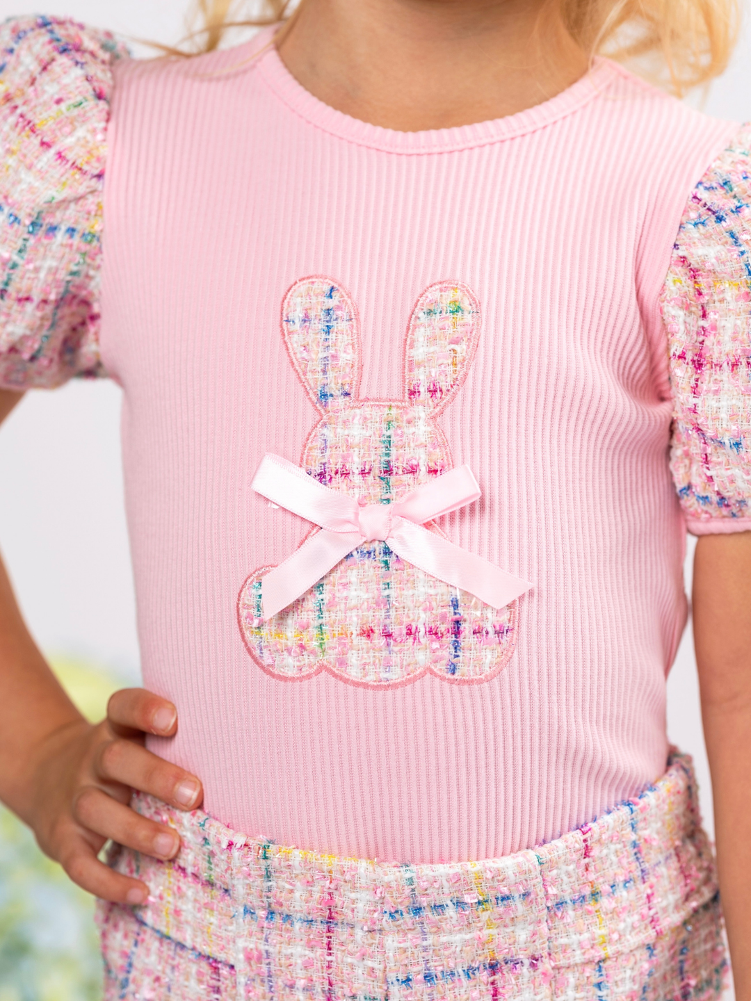 Chic Embroidered Bunny Top and Tweed Short Set