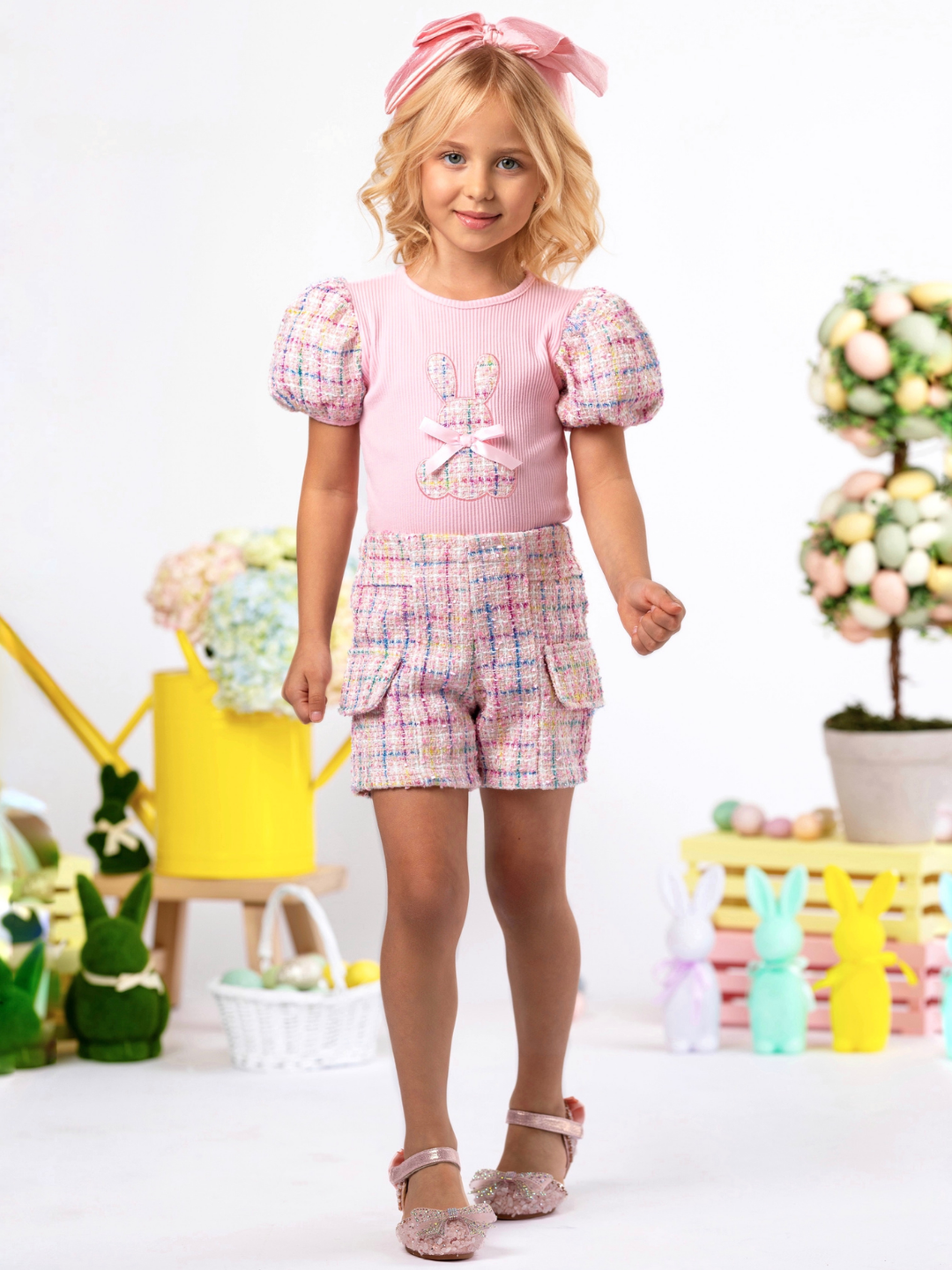 Chic Embroidered Bunny Top and Tweed Short Set