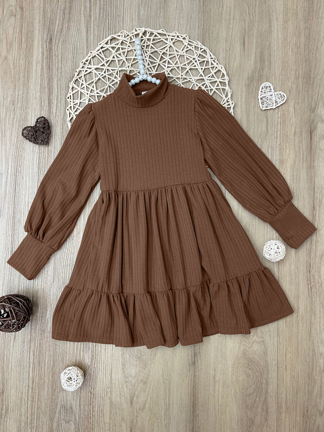 Brown Ribbed Long Sleeve Ruffle Dress
