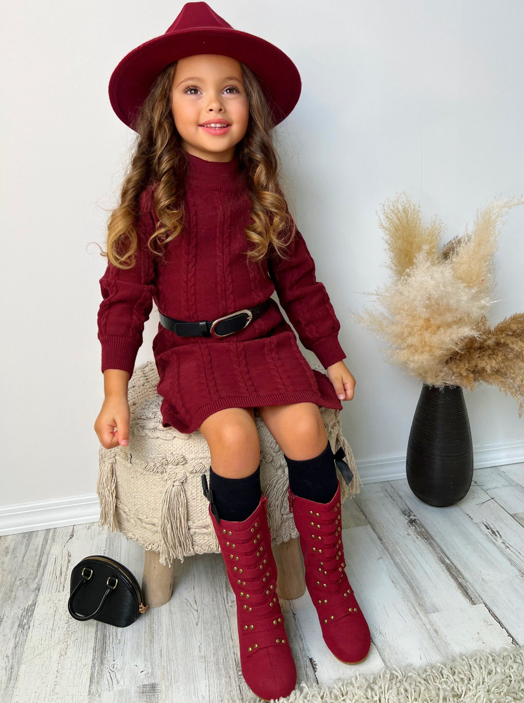Little Girls Fall Cable Knit Belted Sweater Dress - Mia Belle Girls Little Girls Fall Cable Knit Belted Sweater Dress - Mia Belle Girls