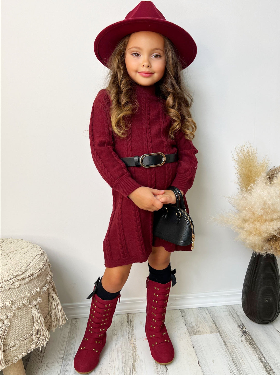 Little Girls Fall Cable Knit Belted Sweater Dress - Mia Belle Girls Little Girls Fall Cable Knit Belted Sweater Dress - Mia Belle Girls