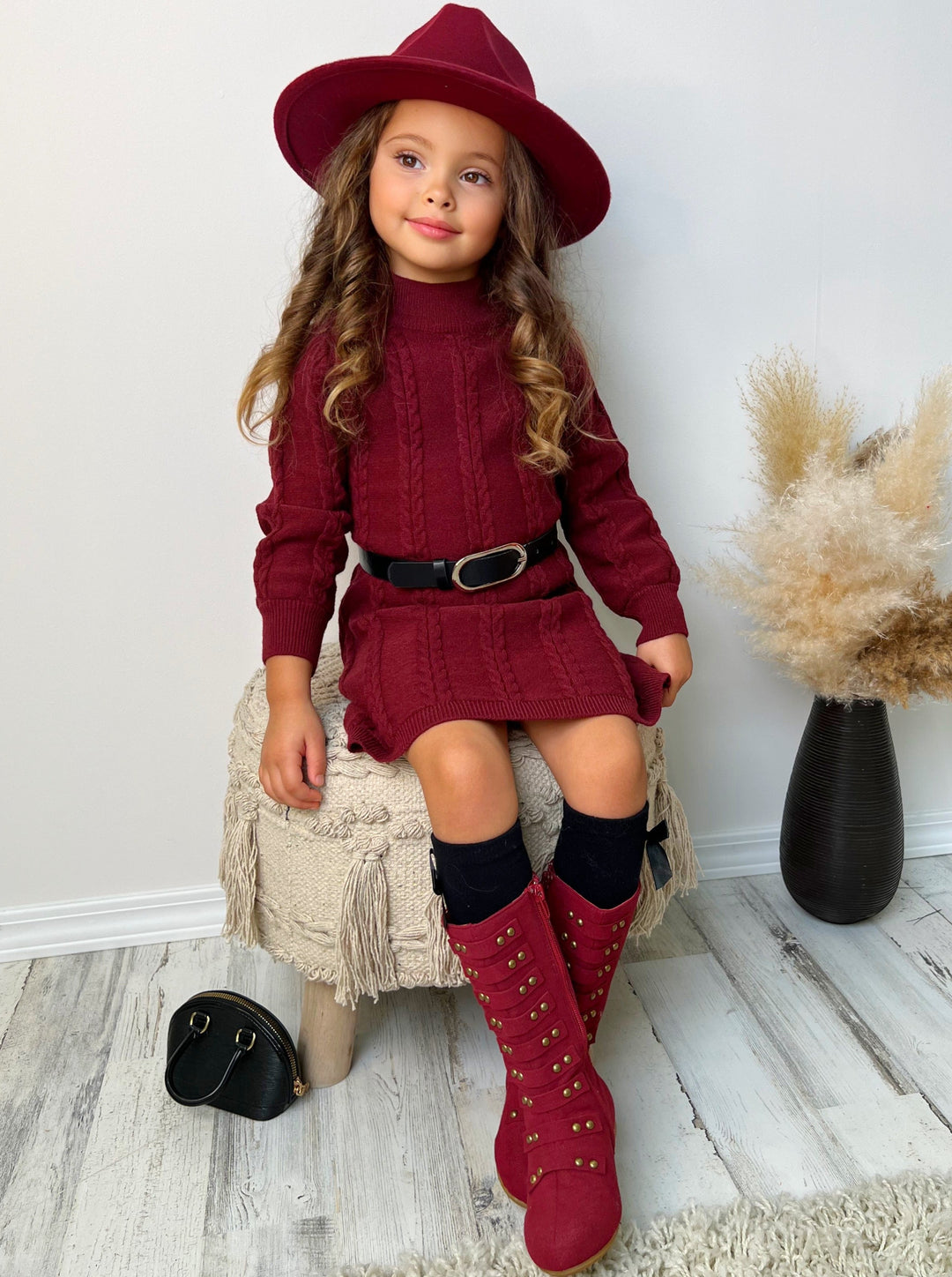 Little Girls Fall Cable Knit Belted Sweater Dress Mia Belle Girls