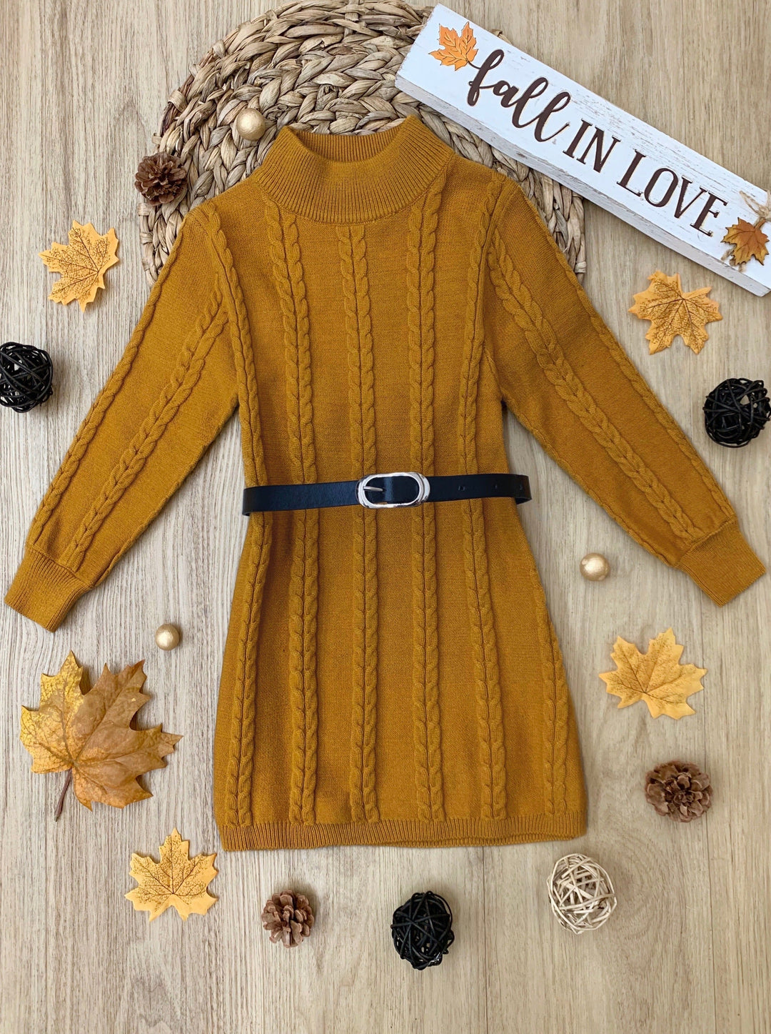 Little Girls Marigold Cable Knit Belted Sweater Dress - Mia Belle Girls Little Girls Marigold Cable Knit Belted Sweater Dress - Mia Belle Girls