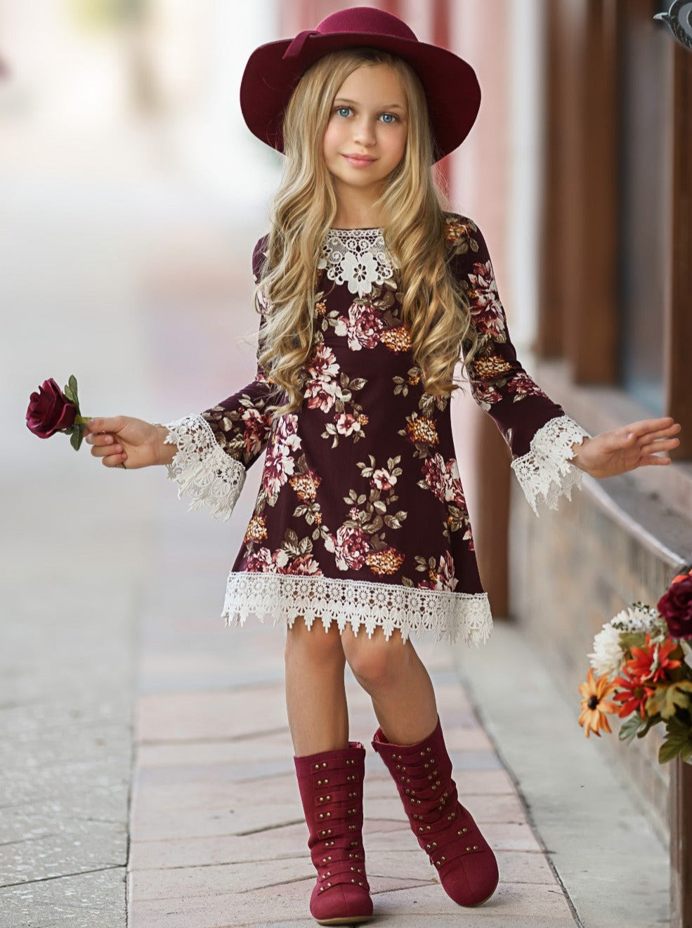 Girls Fall Boho Burgundy Floral Crochet Gaby Dress - Mia Belle Girls Girls Fall Boho Burgundy Floral Crochet Gaby Dress - Mia Belle Girls