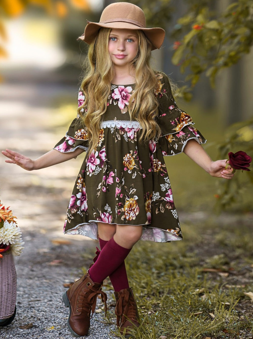 Little Girls Fall Dovie Olive Floral Hi-Lo Dress - Mia Belle Girls Little Girls Fall Dovie Olive Floral Hi-Lo Dress - Mia Belle Girls