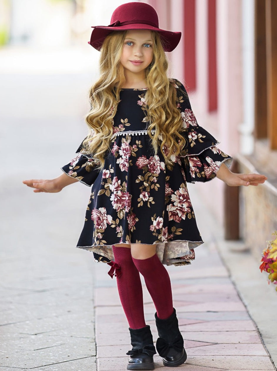 Little Girls Fall Black Floral Hi-Lo Dovie Dress - Mia Belle Girls Little Girls Fall Black Floral Hi-Lo Dovie Dress - Mia Belle Girls