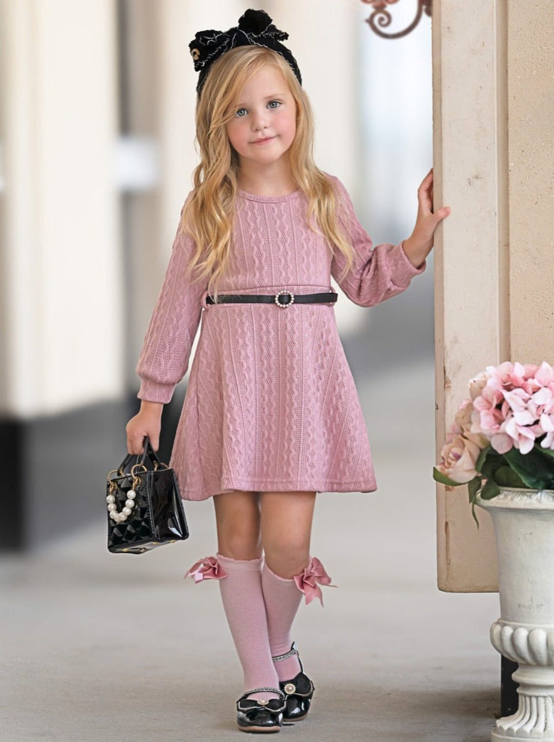 Pretty in Pink Cable Knit Belted Sweater Dress Mia Belle Girls Pretty in Pink Cable Knit Belted Sweater Dress Mia Belle Girls