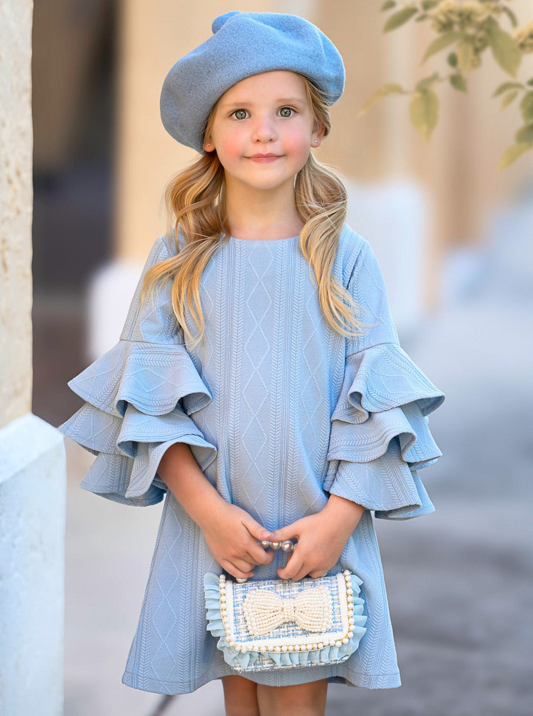 Charming Blue Ruffle Sleeve Cable Knit Sweater Dress – Mia Belle Girls