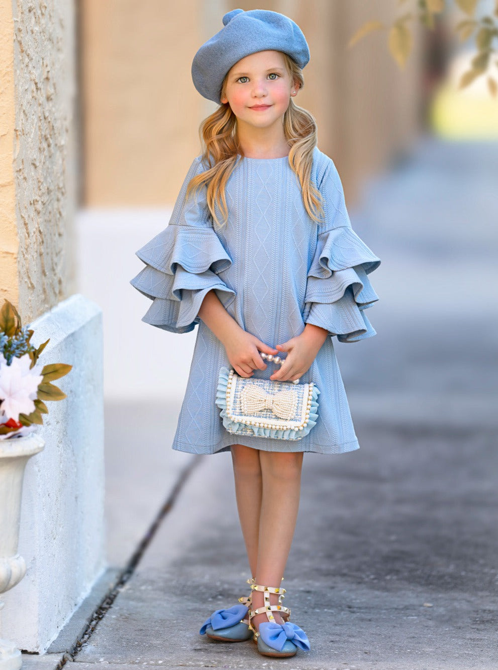 Charming Blue Ruffle Sleeve Cable Knit Sweater Dress Mia Belle Girls Charming Blue Ruffle Sleeve Cable Knit Sweater Dress Mia Belle Girls