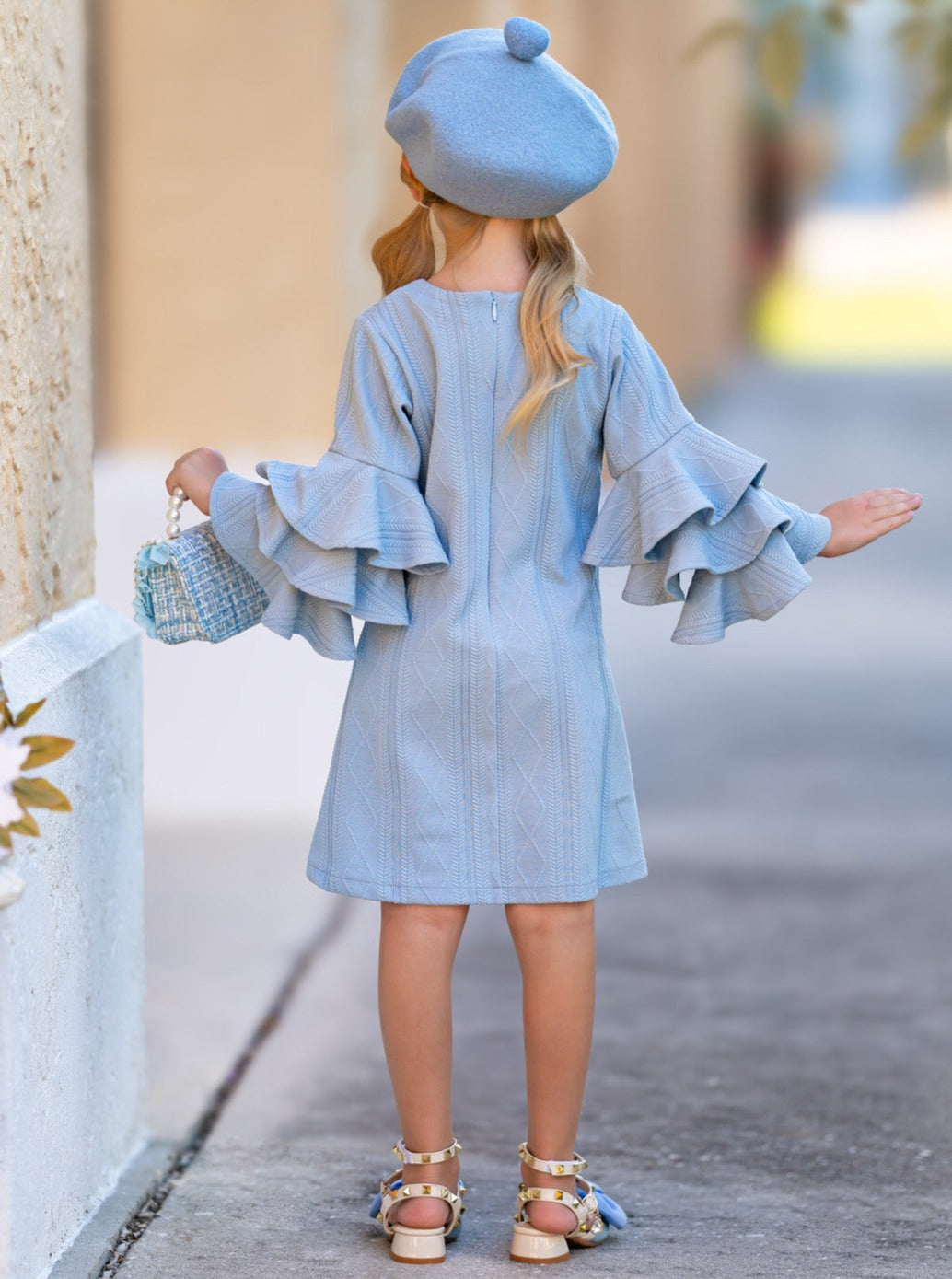 Charming Blue Ruffle Sleeve Cable Knit Sweater Dress Mia Belle Girls Charming Blue Ruffle Sleeve Cable Knit Sweater Dress Mia Belle Girls