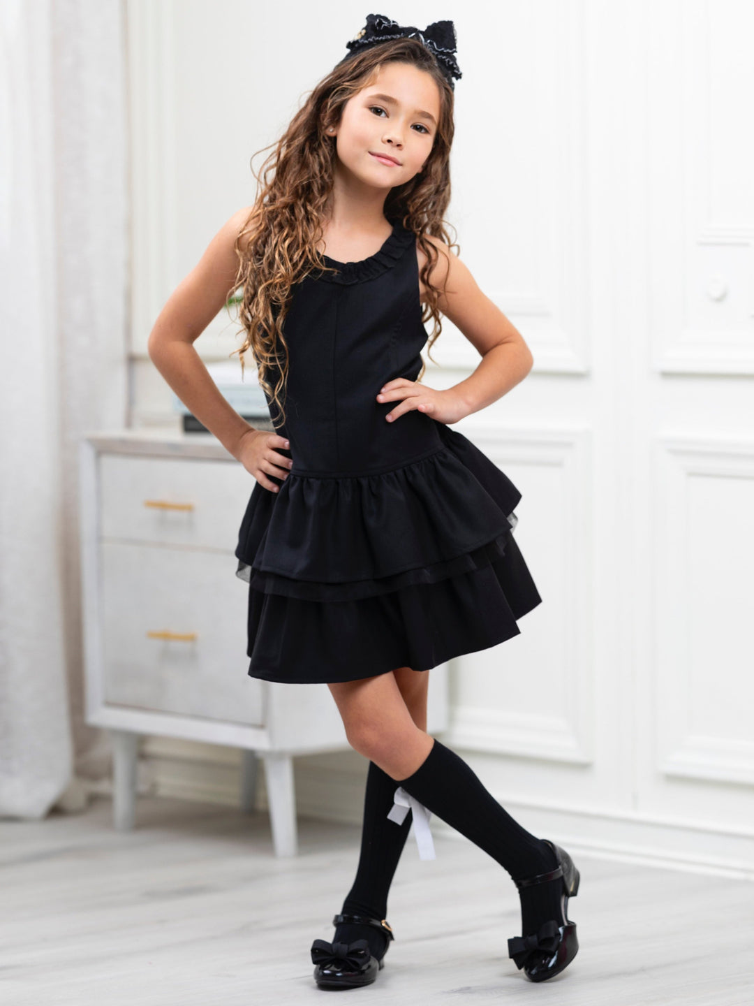 Black Bow Tiered Ruffle Dress by Kids Couture Mia Belle Girls Black Bow Tiered Ruffle Dress by Kids Couture Mia Belle Girls