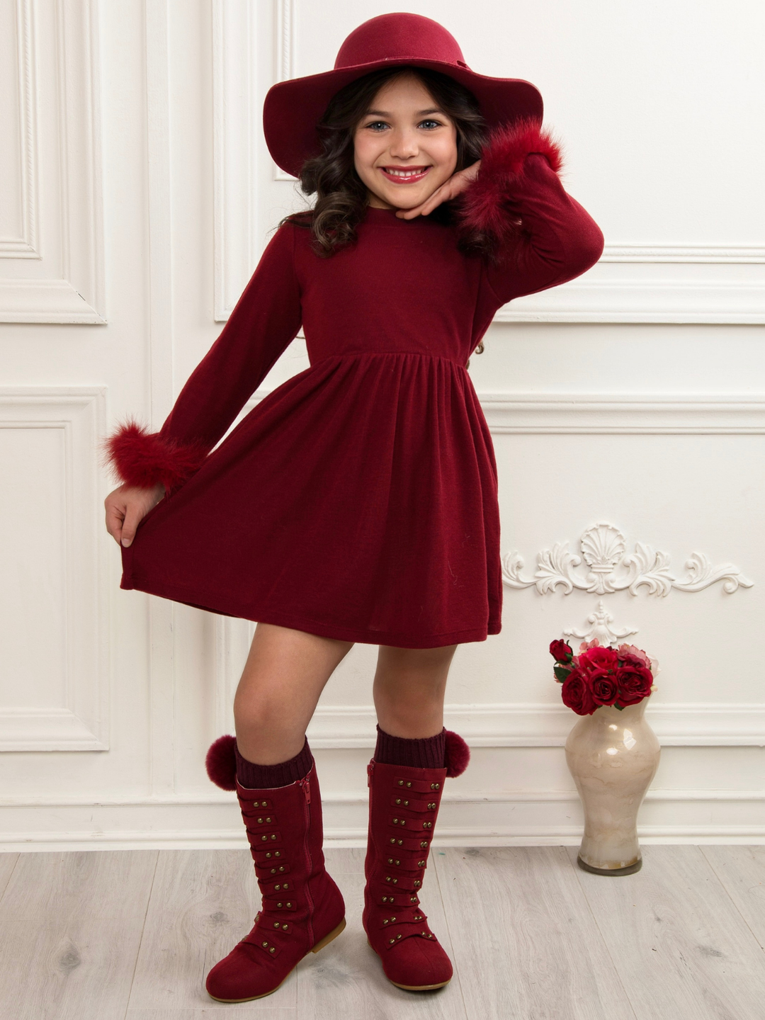 Cranberry Frost Burgundy Dress with Luxe Faux Fur Cuffs