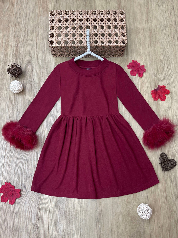 Cranberry Frost Burgundy Dress with Luxe Faux Fur Cuffs