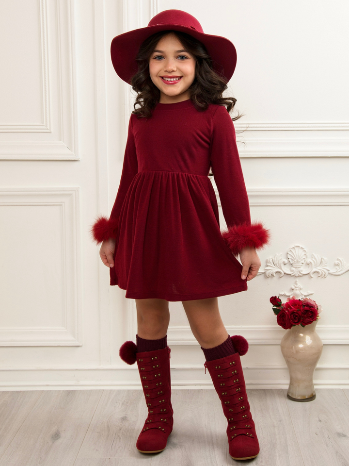Cranberry Frost Burgundy Dress with Luxe Faux Fur Cuffs