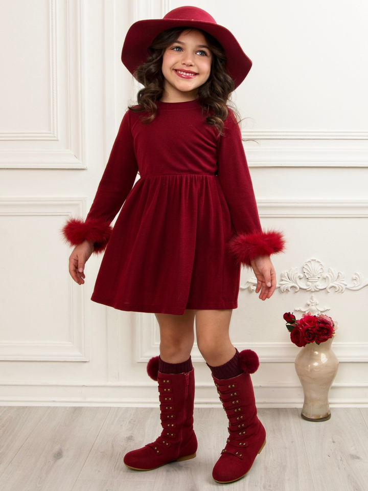 Cranberry Frost Burgundy Dress with Luxe Faux Fur Cuffs