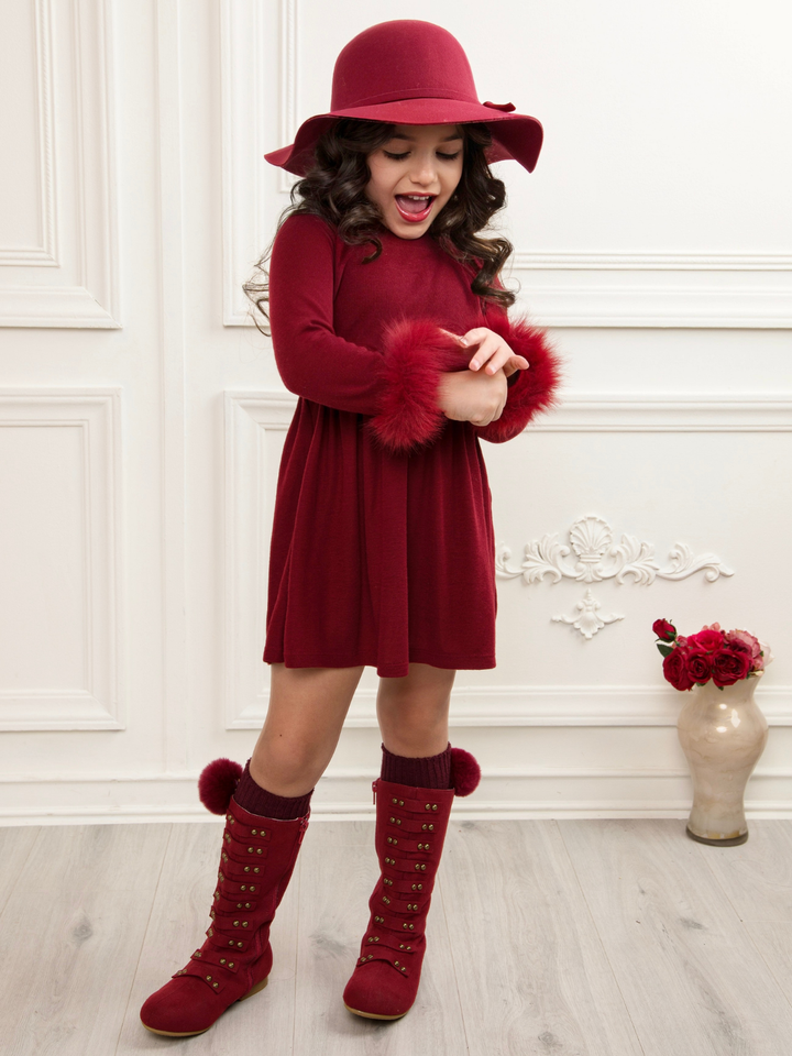 Cranberry Frost Burgundy Dress with Luxe Faux Fur Cuffs