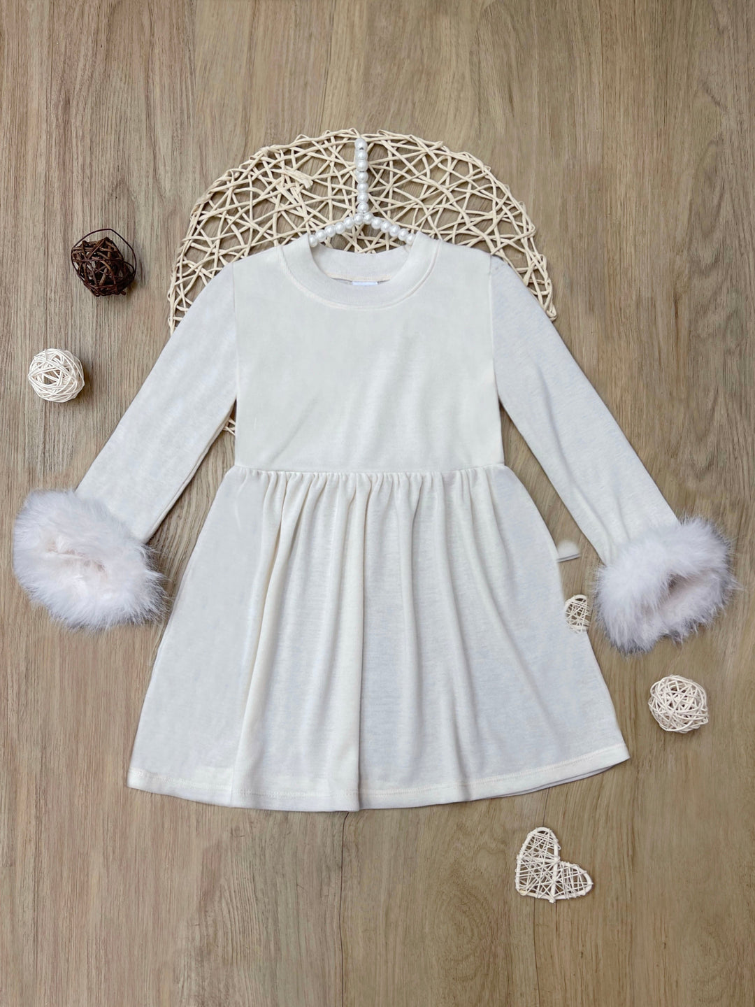 Winter Glam Cream Dress with Luxe Faux Fur Cuffs Mia Belle Girls Winter Glam Cream Dress with Luxe Faux Fur Cuffs Mia Belle Girls