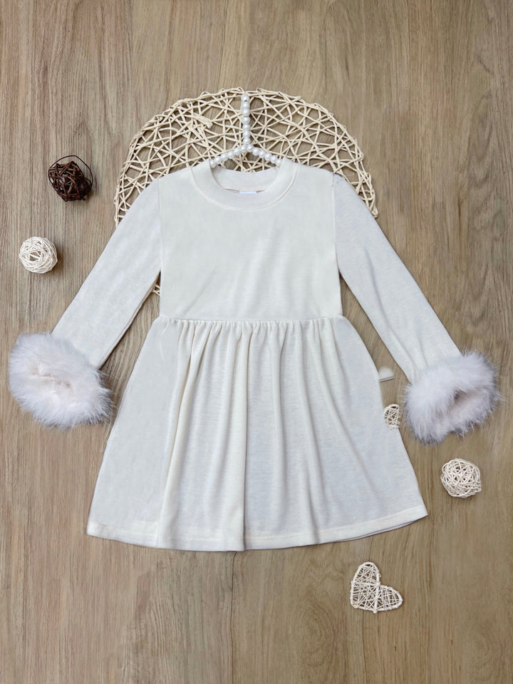 Winter Glam Cream Dress with Luxe Faux Fur Cuffs