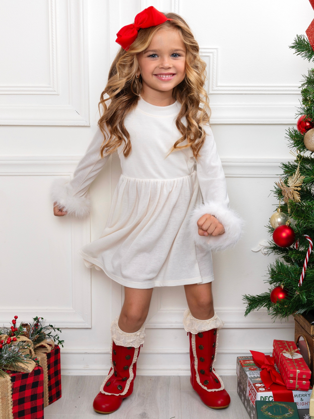 Winter Glam Cream Dress with Luxe Faux Fur Cuffs